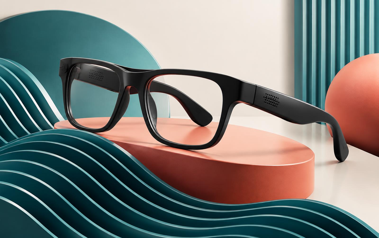 Generic black audio-enabled eyeglasses surrounded by colorful abstract sound waves