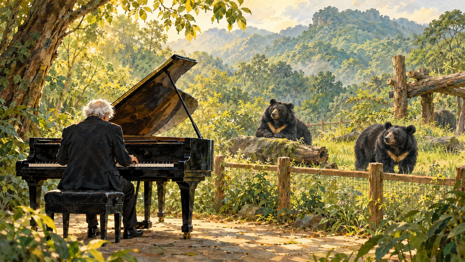 Editorial illustration of a white-haired pianist at an outdoor grand piano, with two moon bears in a separate sanctuary habitat in a forest.
